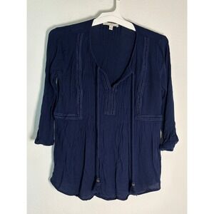 Pale Sky Navy Blue Embroidered Boho Peasant Blouse Tassel Tie Top Medium